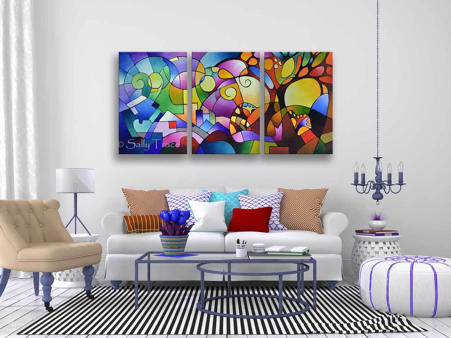 Beautiful acrylic paintings for living room, "Daydream", original triptych geometric landscape painting by Sally Trace