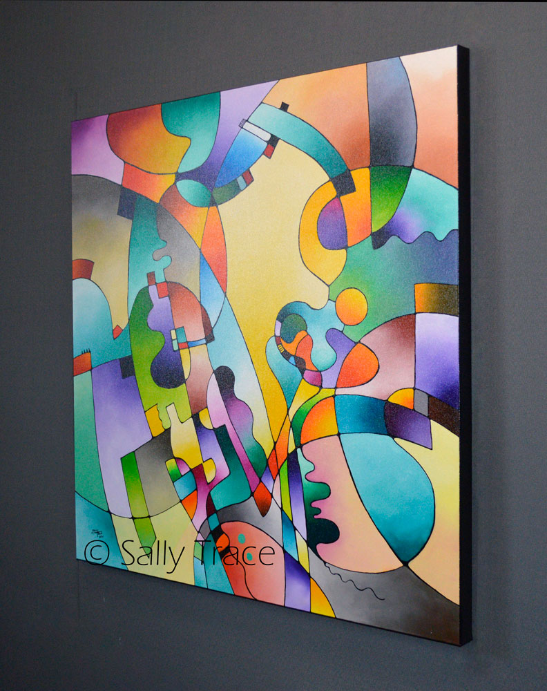 Original abstract modern painting by Sally Trace "Geometric Rhythms" 36x36 inches, stretched  cotton canvas, ready to hang. Side view.