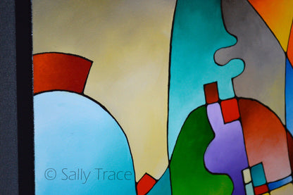 Original abstract modern painting by Sally Trace "Geometric Rhythms" 36x36 inches, stretched  cotton canvas, ready to hang. Close-up detail view.