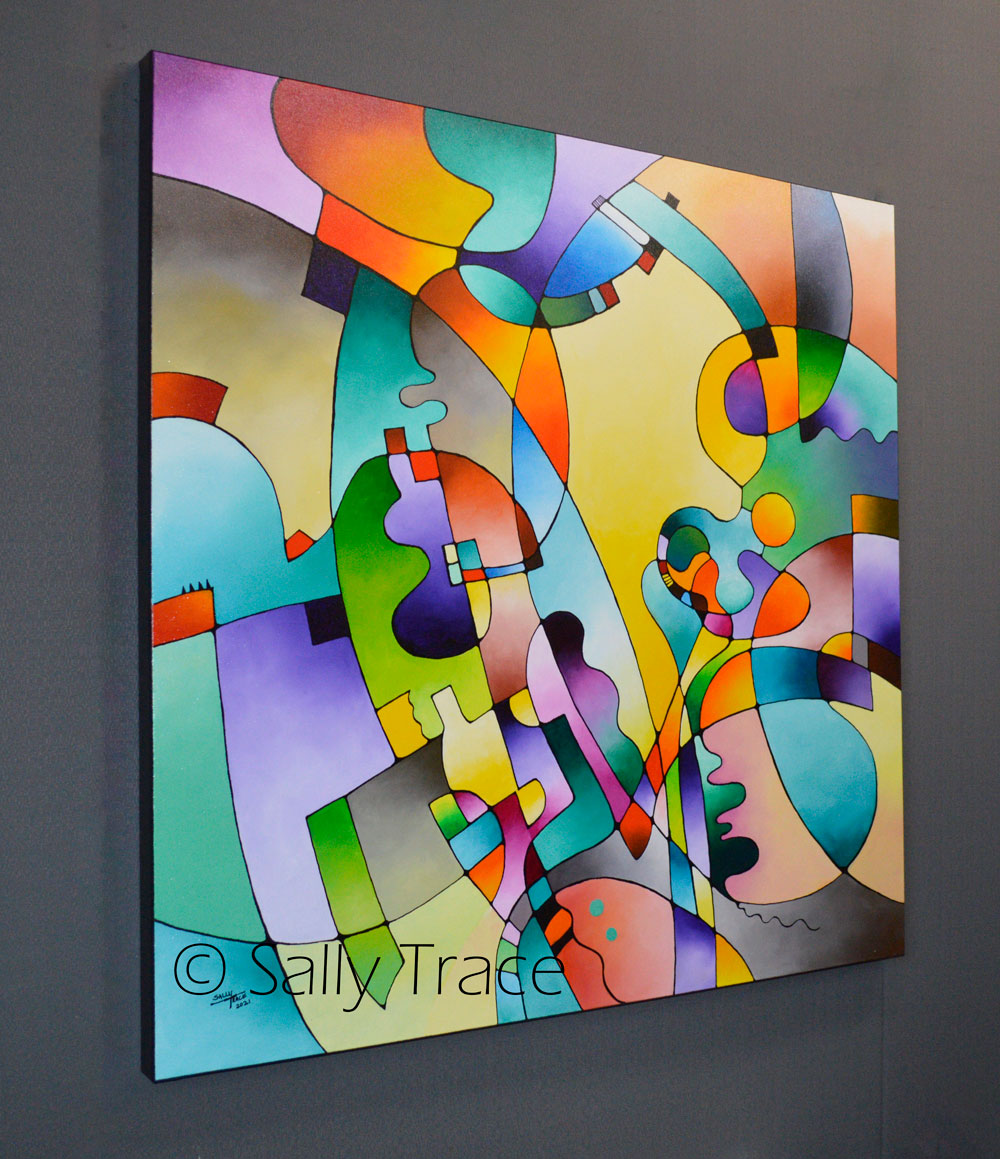 Original abstract modern painting by Sally Trace "Geometric Rhythms" 36x36 inches, stretched  cotton canvas, ready to hang. Side view.