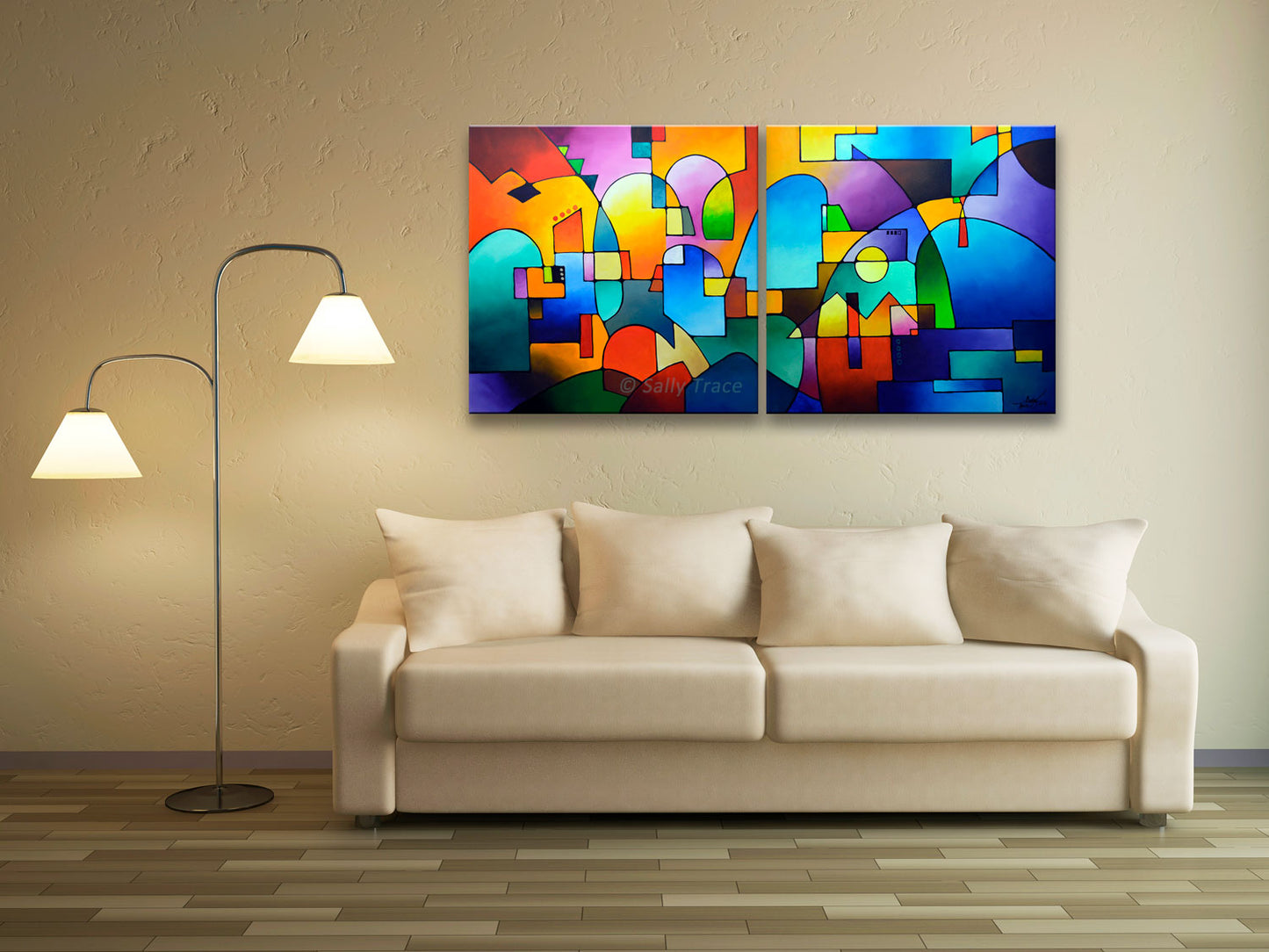 Art prints on stretched canvas or rolled paper made from my original abstract painting "Urbanity Vista", one of my Urbanity Series paintings and prints, living room view