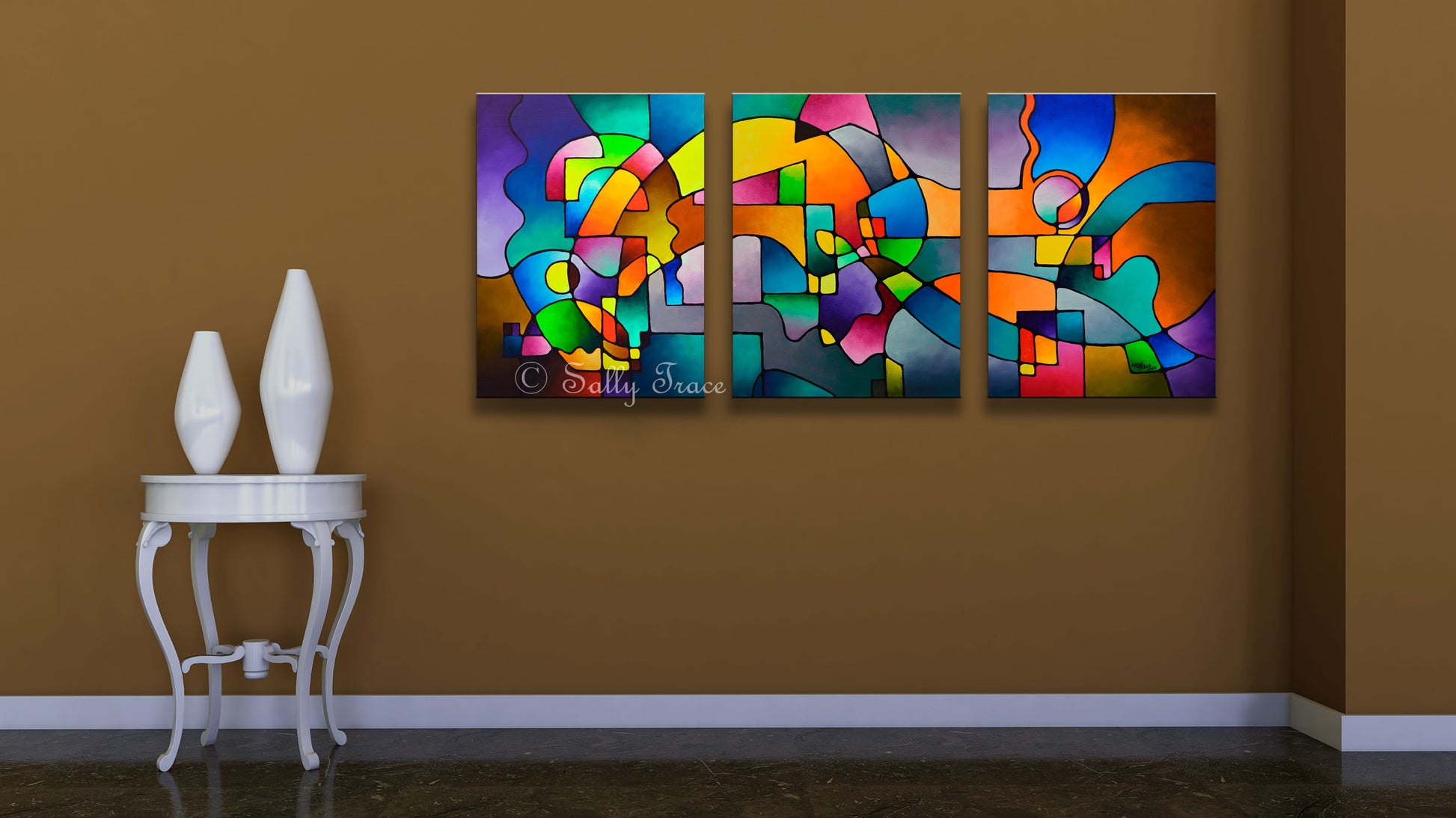 Modern art triptych giclee prints from my original geometric art acrylic painting by Sally Trace