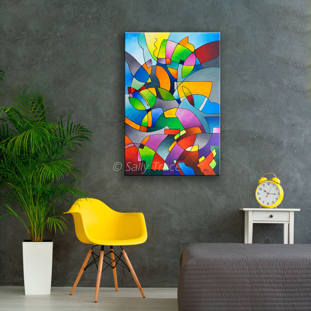 Modern geometric abstract art original acrylic painting on canvas "Information Paradox" by Sally Trace, room view