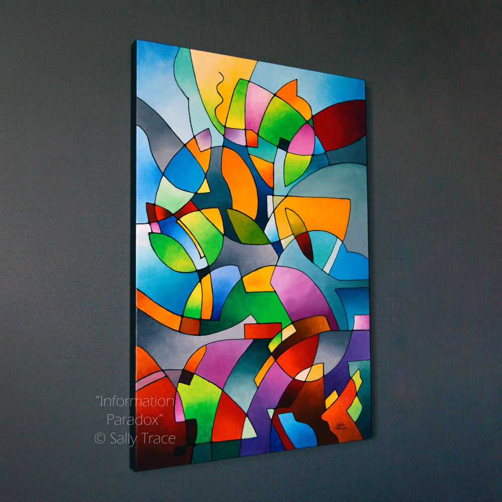 Modern geometric abstract art original acrylic painting on canvas "Information Paradox" by Sally Trace, left view