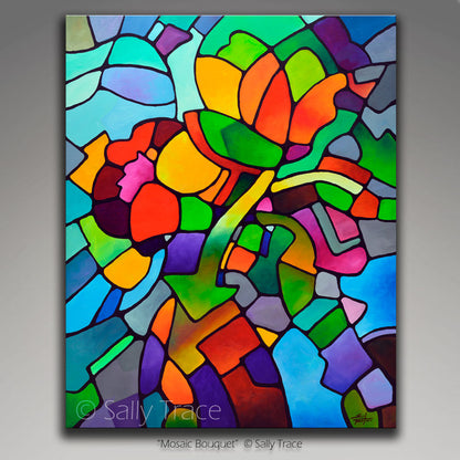 Modern colorful geometric art prints for sale by Sally Trace "Mosaic Bouquet"