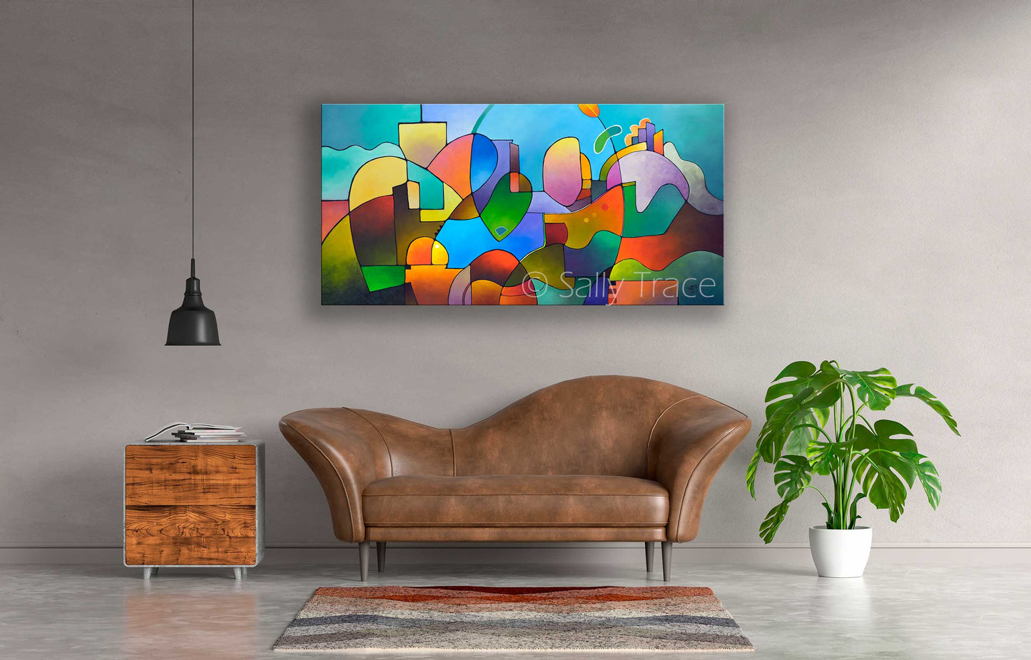 “Diversification” abstract landscape fine art contemporary modern geometric colorful abstract art painting, geometric abstract wall art by Sally Trace, room view