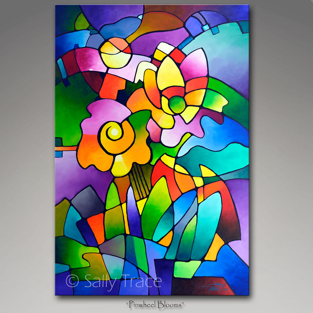 "Pinwheel Blooms" original geometric colorful floral painting by Sally Trace