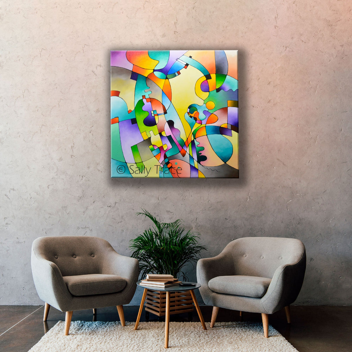 Original abstract modern painting by Sally Trace "Geometric Rhythms" 36x36 inches, stretched  cotton canvas, ready to hang. Livingroom view.