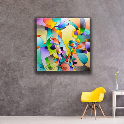 Contemporary geometric abstraction, modern geometric original acrylic painting, abstract art painting for sale "Geometric Rhythms", 36x36 inches acrylic on canvas, linear lines, bright colors, gradations of colors, black outlines. By Sally Trace