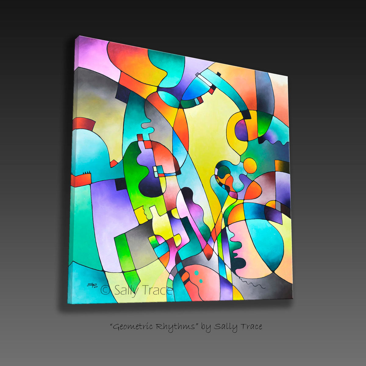 Fine art prints from the original abstract modern painting by Sally Trace "Geometric Rhythms" side view.