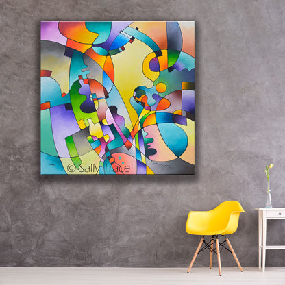 Fine art prints from the original abstract modern painting by Sally Trace "Geometric Rhythms" room view.