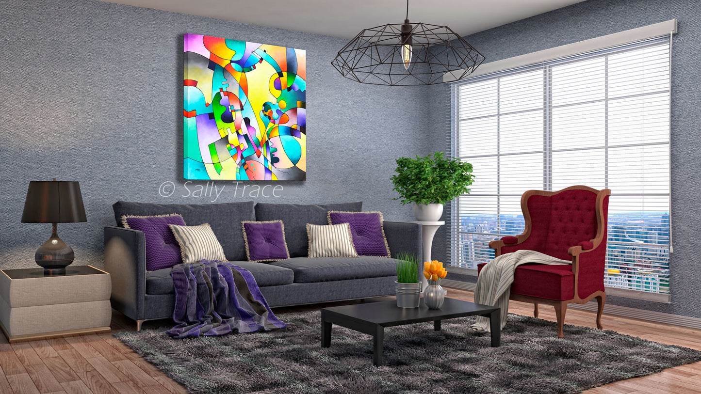 Fine art prints from the original abstract modern painting by Sally Trace "Geometric Rhythms" room view.