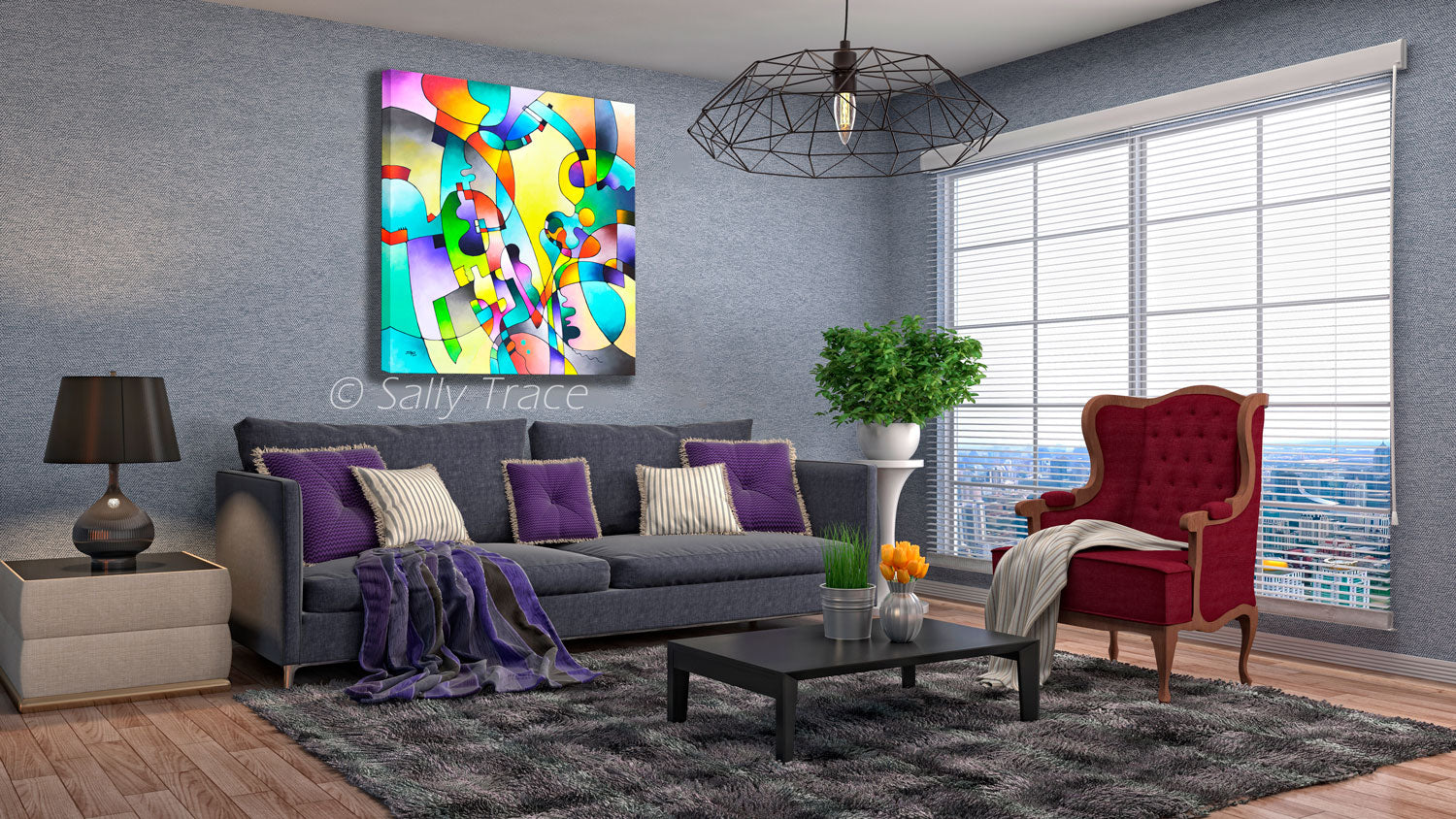 Fine art prints from the original abstract modern painting by Sally Trace "Geometric Rhythms" room view.