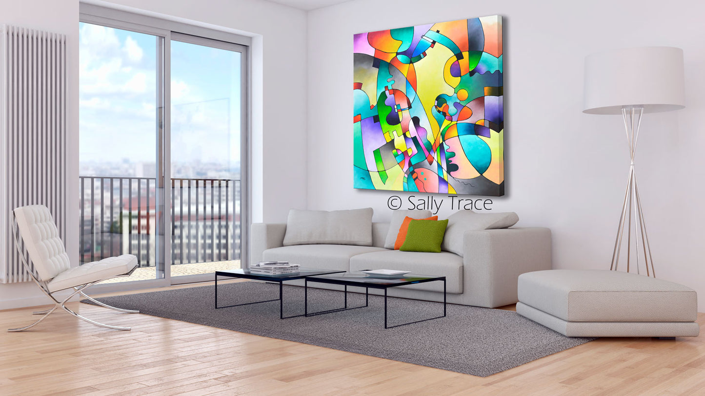 Fine art prints from the original abstract modern painting by Sally Trace "Geometric Rhythms" room view.