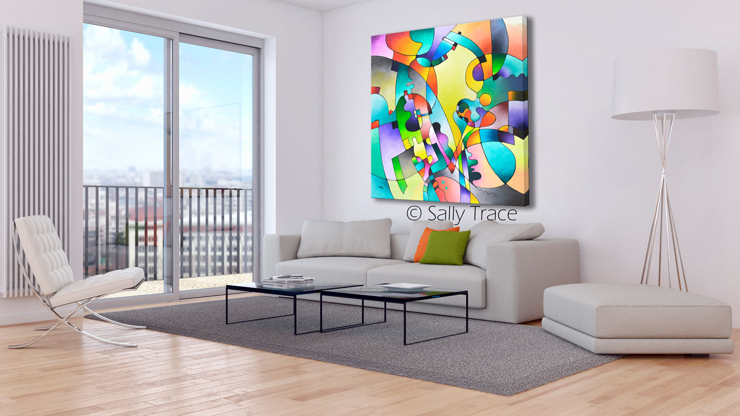 Fine art prints from the original abstract modern painting by Sally Trace "Geometric Rhythms" room view.