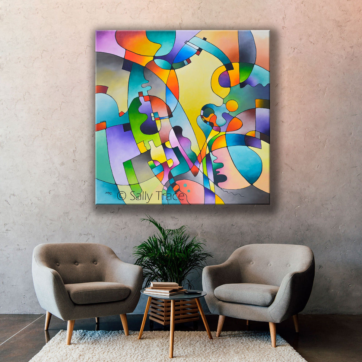 Modern geometric original abstract painting on canvas for sale "Geometric Rhythms", linear lines, bright colors, gradations of colors, black outlines. By Sally Trace, room view