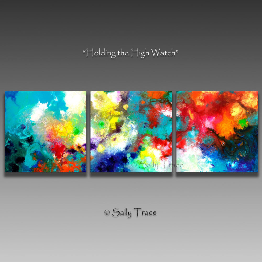 Contemporary canvas wall art, Holding the High Watch, large art prints from the original triptych painting by Sally Trace, extra large abstract wall art