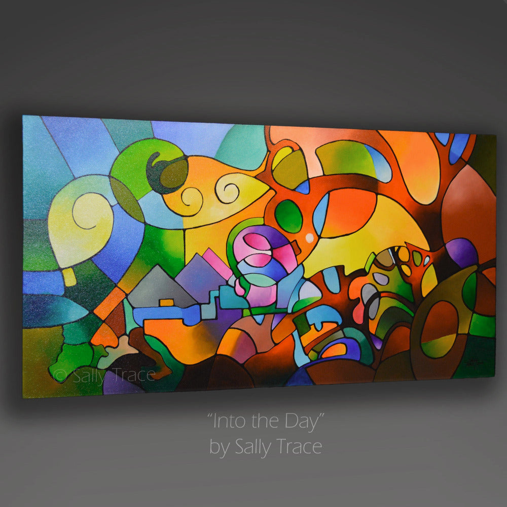 Original abstract landscape painting by Sally Trace that is about a feeling of expansiveness when one is stepping out into a new day. This is an acrylic on canvas painting in a vertical format and is 24 inches high and 48 inches wide. This image shows the painting from a side view.