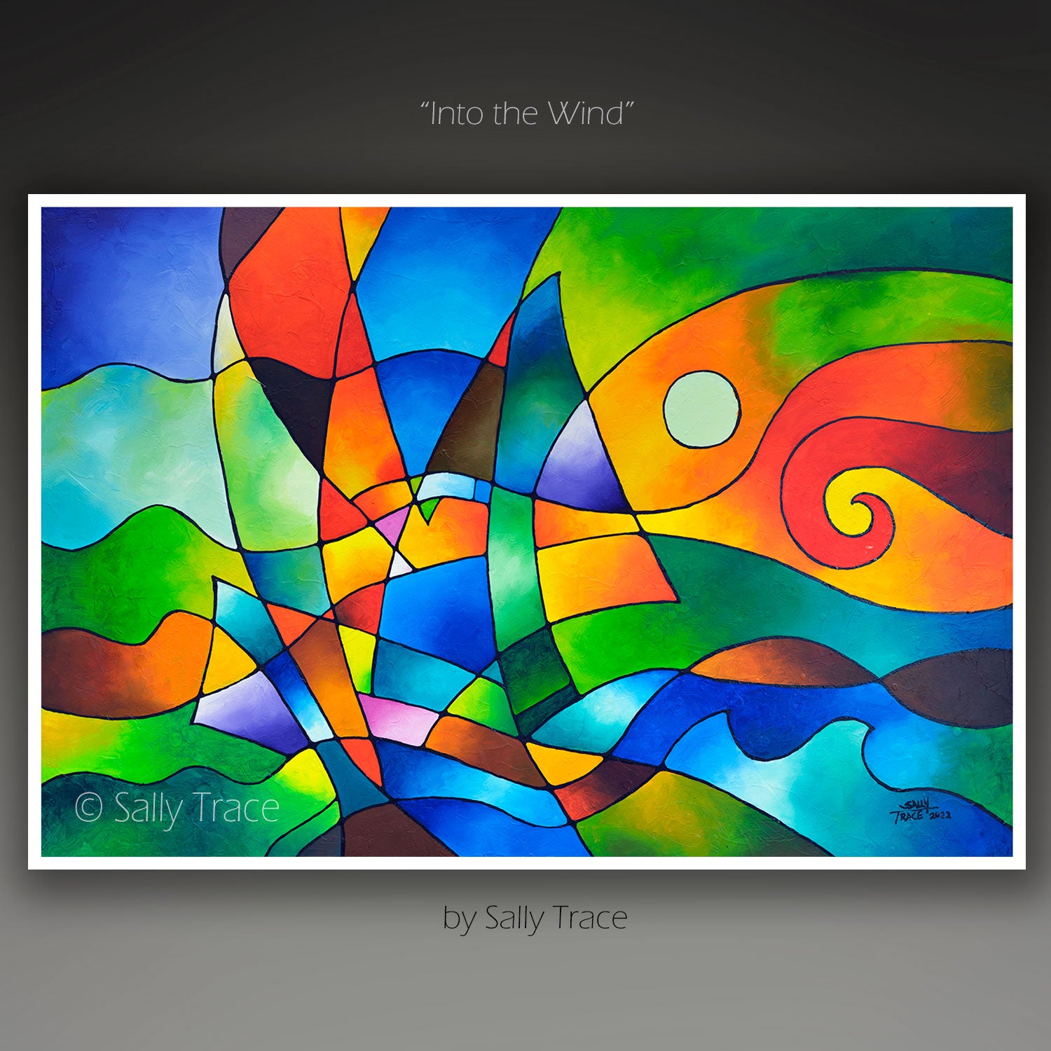 Nautical, abstract geometric art prints on fine art matte paper or stretched canvas from the original abstract painting "Into the Wind" by Sally Trace