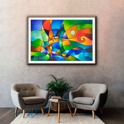 Nautical, abstract geometric art prints on fine art matte paper or stretched canvas from the original abstract painting "Into the Wind" by Sally Trace