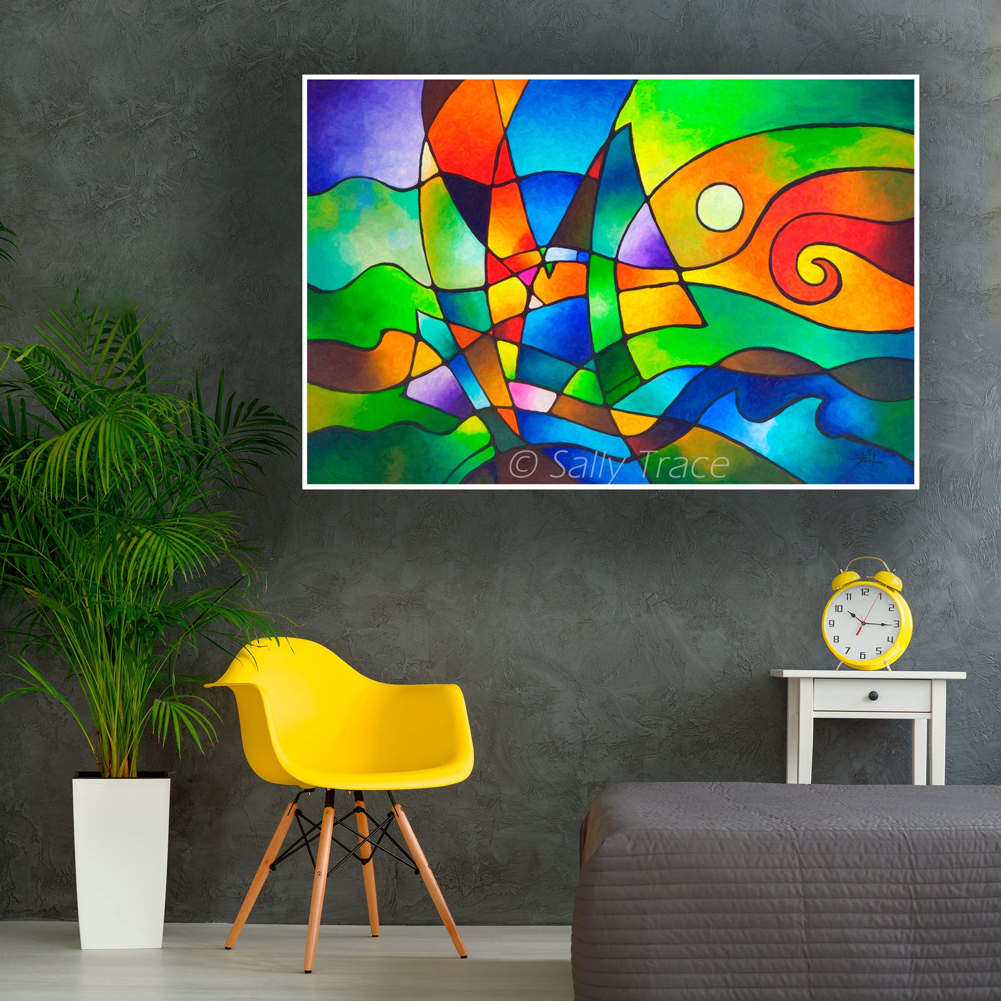 Geometric art prints on stretched canvas from the original abstract painting "Into the Wind" by Sally Trace