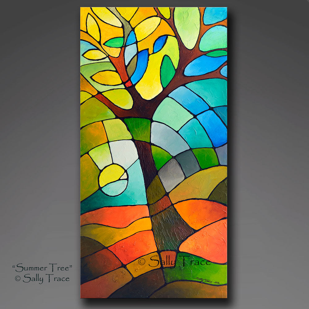 "Summer Tree" textured, geometric original, abstract painting created by Sally Trace