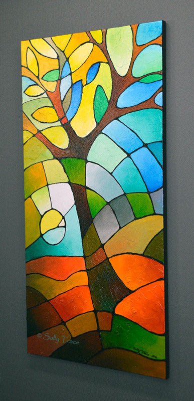 Summer Tree, a textured geometric abstract tree painting by Sally Trace, right side view