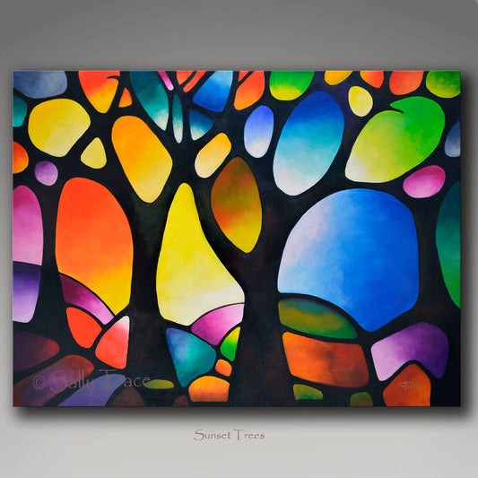 Modern art abstract painting for sale "Sunset Trees" by Sally Trace