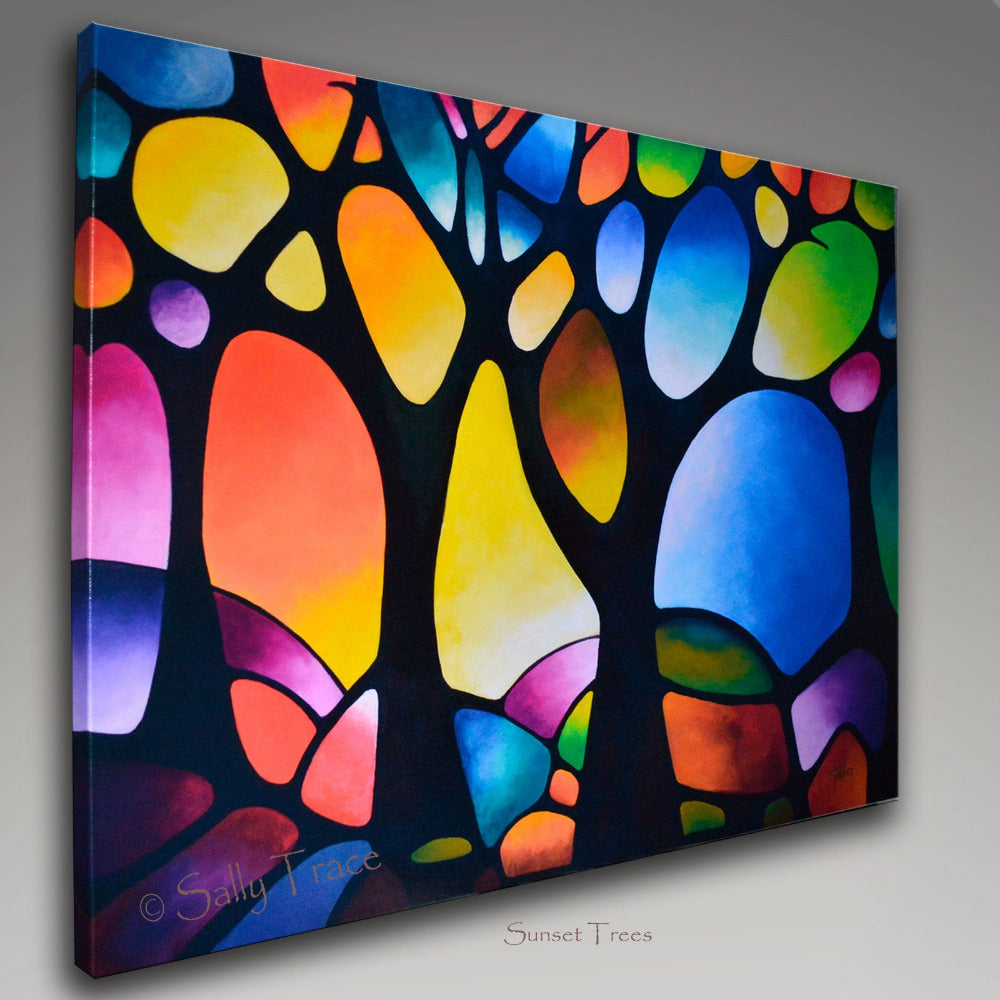 Fine art print on stretched canvas from the original abstract painting "Sunset Trees" by Sally Trace