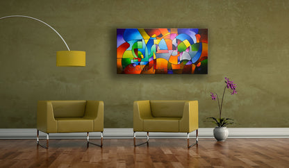 Synchronism, original geometric acrylic on canvas painting by Sally Trace, acrylic abstract painting for living room