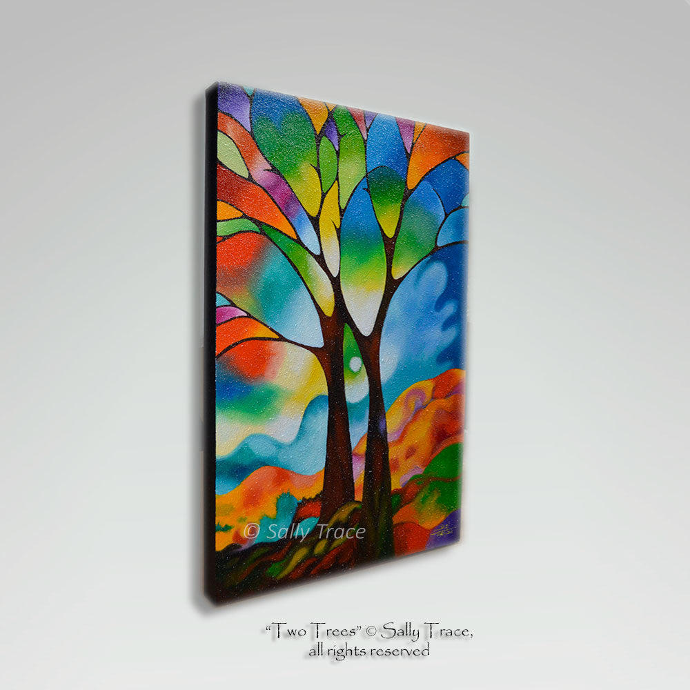 Modern contemporary original paintings for sale, Two Trees by Sally Trace, fine art for the living room