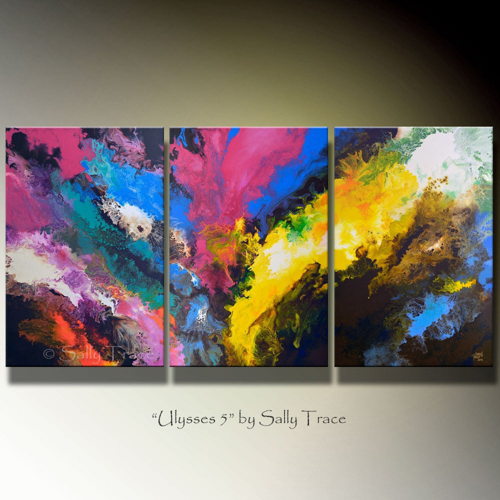 "Ulysses 5" is a triptych fluid art abstract painting which has sold.