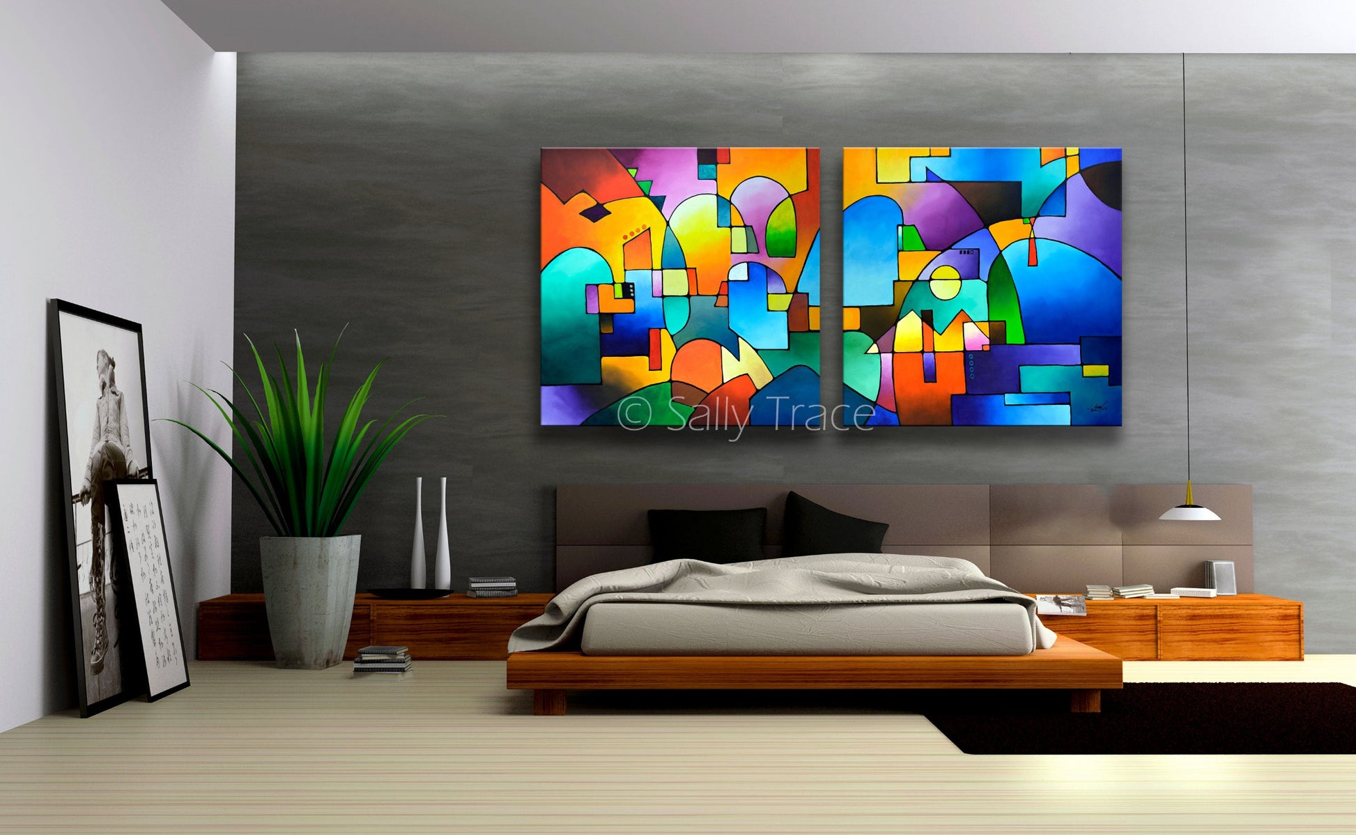 Art prints on stretched canvas or rolled paper made from my original abstract painting "Urbanity Vista", one of my Urbanity Series paintings and prints, bedroom view