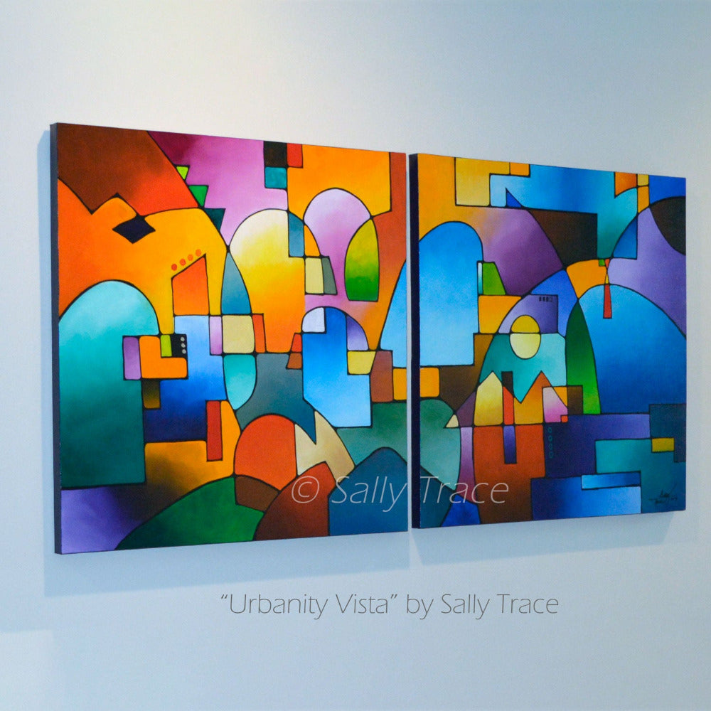 "Urbanity Vista" original diptych geometric modern painting for the home office, living room, dining room, bedroom