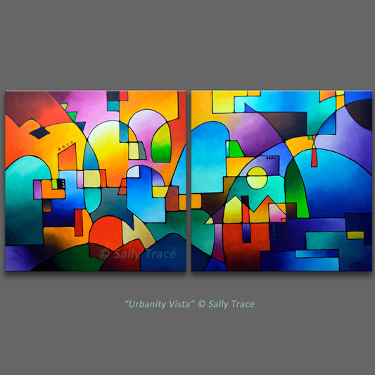 Abstract art for sale by Sally Trace, Urbanity Vista two canvas abstract geometric cityscape painting