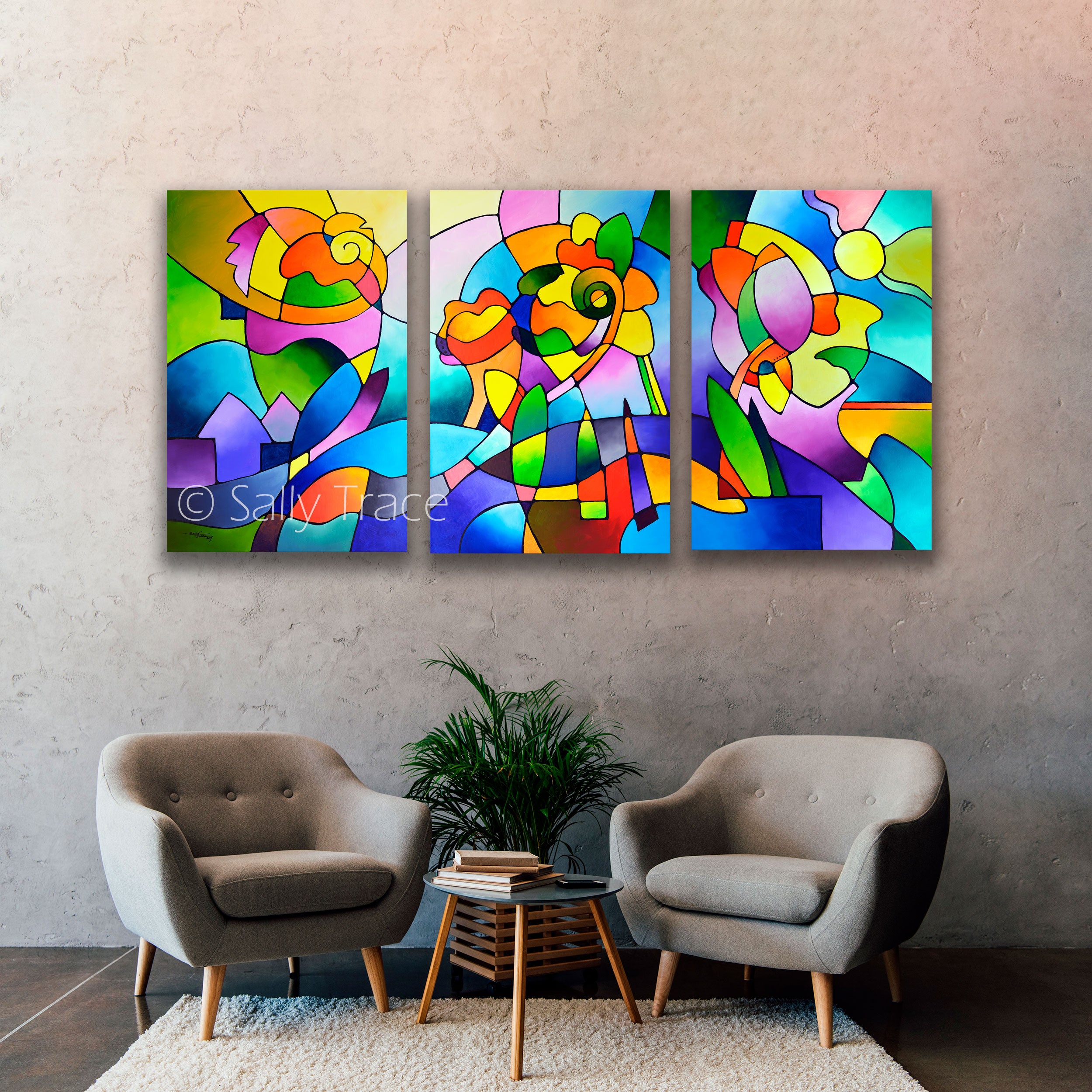 Large Colorful Triptych Giclée Art Print Set 